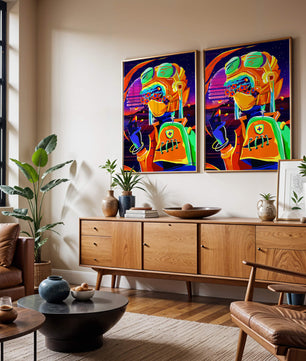 Vibrant futuristic illustration with a colorful character in helmet and flowers