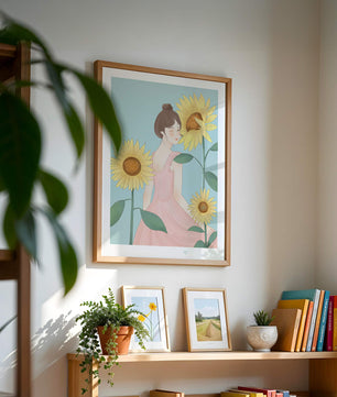 Ilustración de una mujer en un vestido rosa con girasoles
