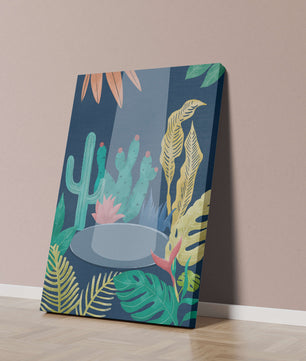 Ilustración botánica colorida con cactus y hojas tropicales