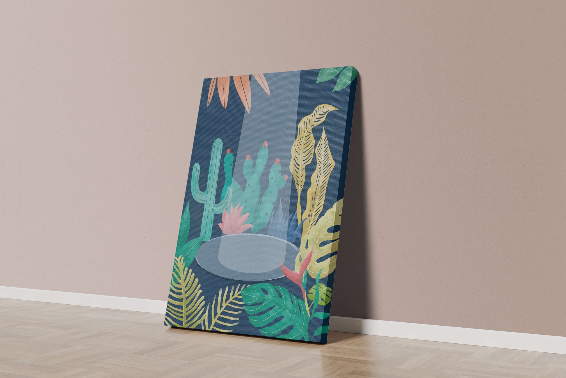 Colorful botanical illustration featuring cacti and tropical leaves