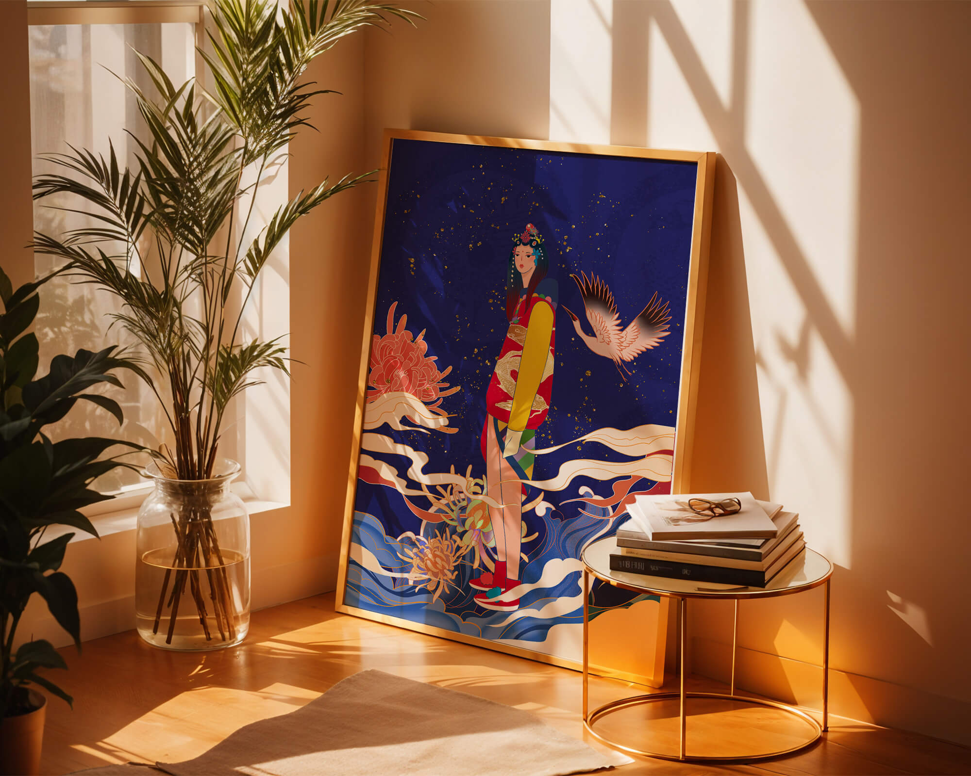 Elegant fusion of traditional and modern art with floral and avian elements
