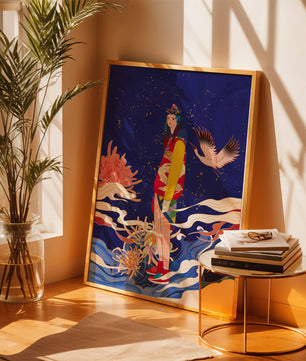 Fusion élégante d’art traditionnel et moderne avec des éléments floraux et aviaires