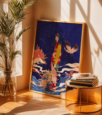 Elegant fusion of traditional and modern art with floral and avian elements