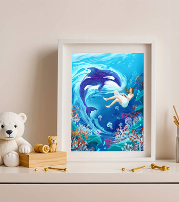 Underwater fantasy scene with a playful whale and a girl floating amidst coral and jellyfish