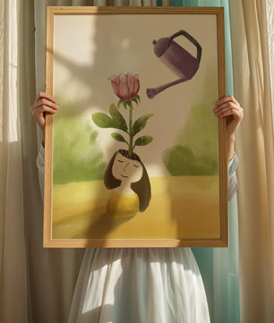 Ilustración de una chica con una flor creciendo de su cabeza siendo regada