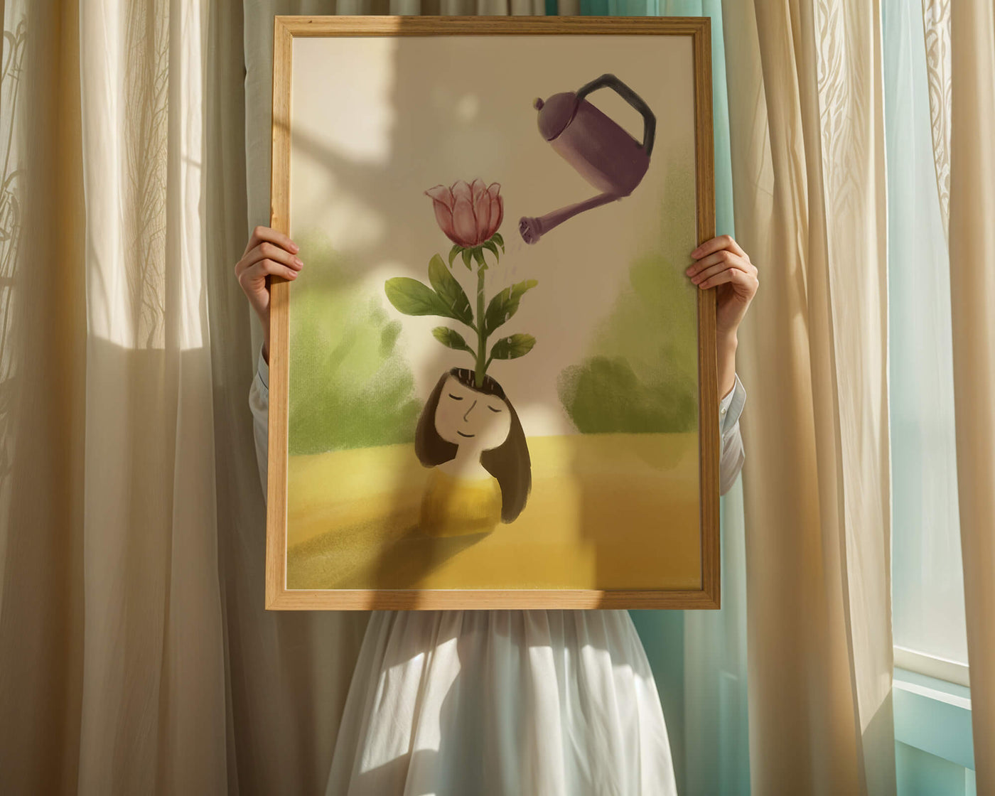 Illustration of a girl with a flower growing from her head being watered