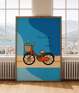 Bicicleta colorida con un regalo en la cesta sobre fondo azul