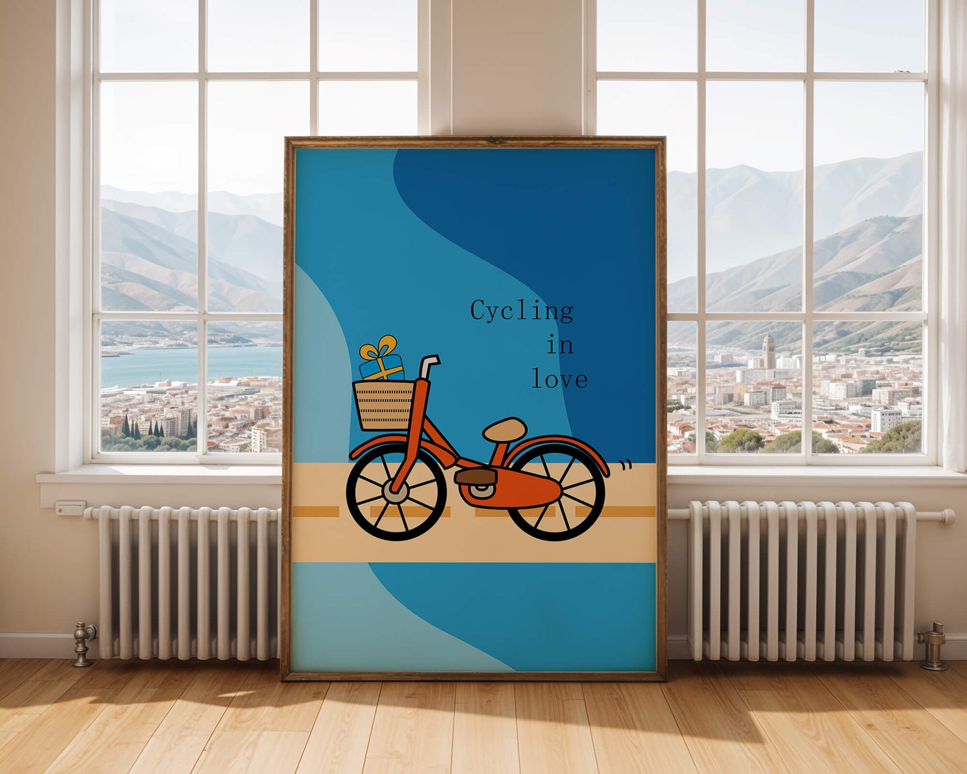 Colorful bicycle with a gift in basket against blue background