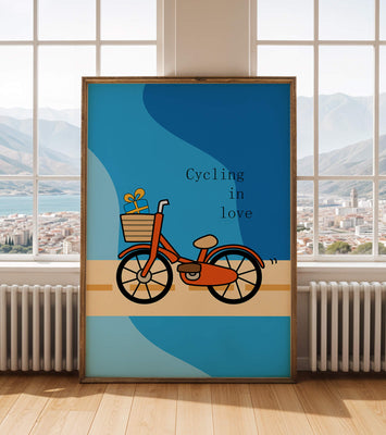 Colorful bicycle with a gift in basket against blue background