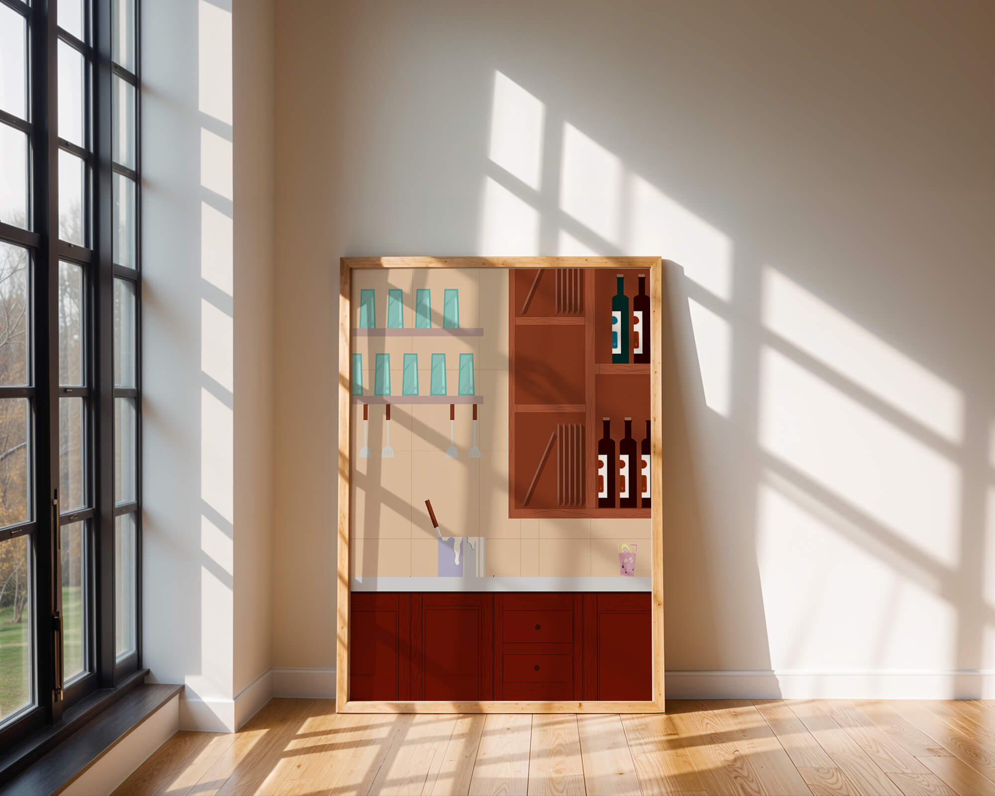 Modern kitchen interior with wooden cabinets and glass shelves