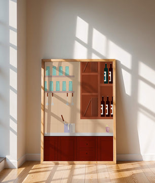 Interior de cocina moderna con gabinetes de madera y estantes de vidrio