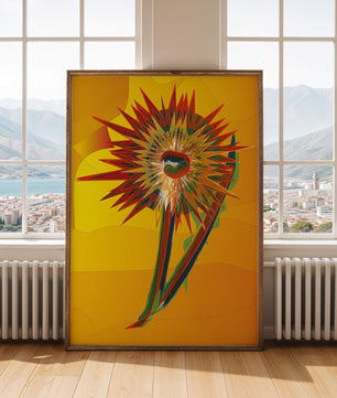 Abstract vibrant sunflower art with dynamic geometric shapes