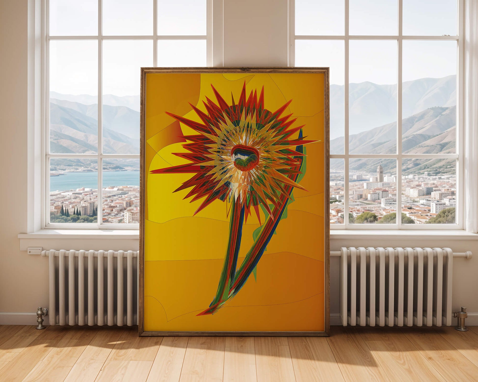 Abstract vibrant sunflower art with dynamic geometric shapes
