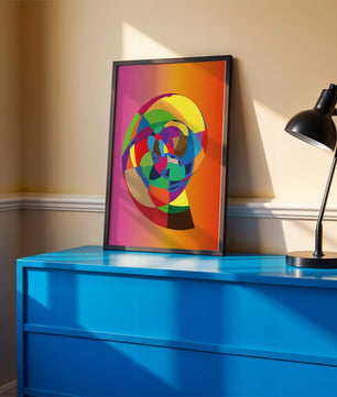 Vibrant abstract geometric shape with multicolored spiral on gradient background