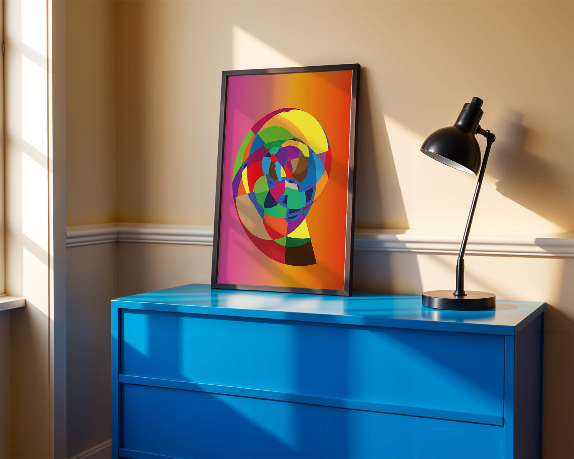 Vibrant abstract geometric shape with multicolored spiral on gradient background