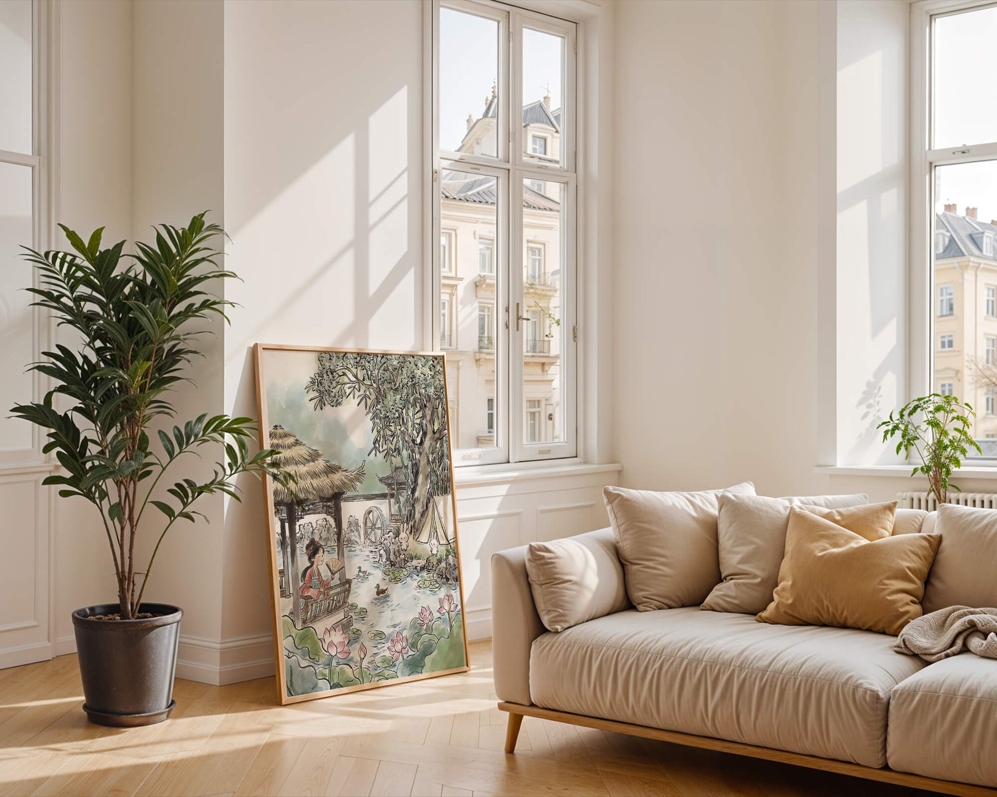 Escena tranquila de jardín con mujer, patos y conejos en un entorno tradicional