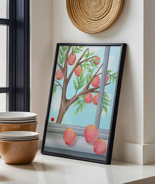 Peach tree outside a window with ripe peaches and sunny sky