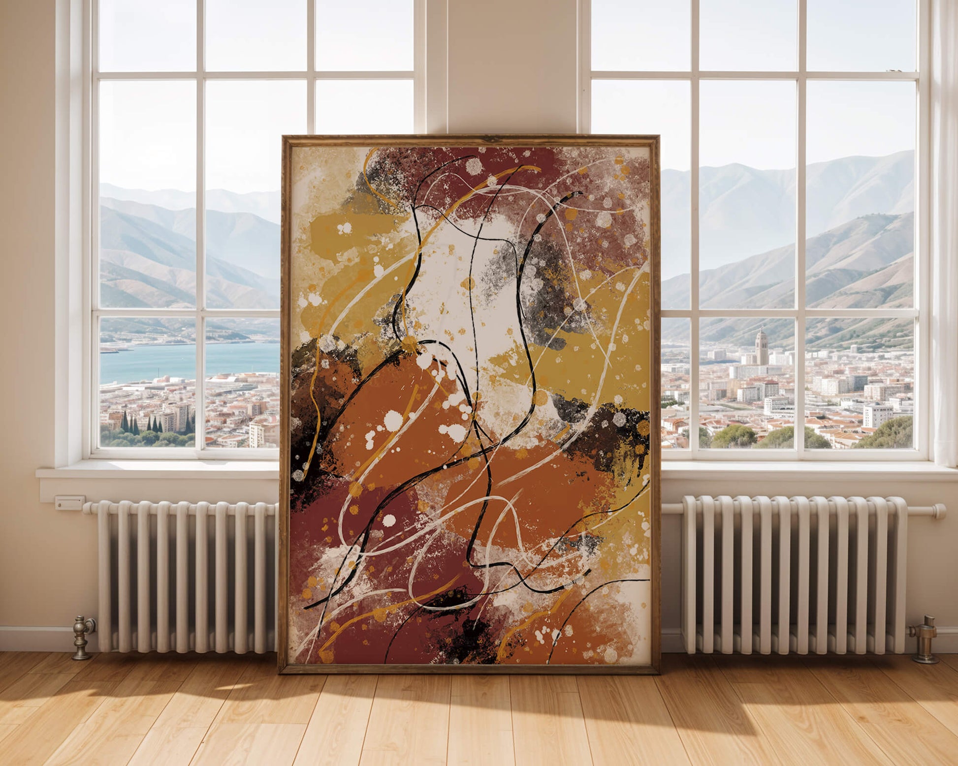 Pieza de arte abstracto colorida con trazos y salpicaduras audaces