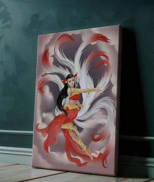 Graceful fantasy fox spirit with flowing tails and red attire in mystical clouds