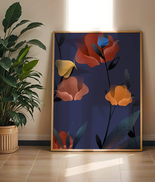 Abstract Floral Illustration with Colorful Flowers on Dark Background