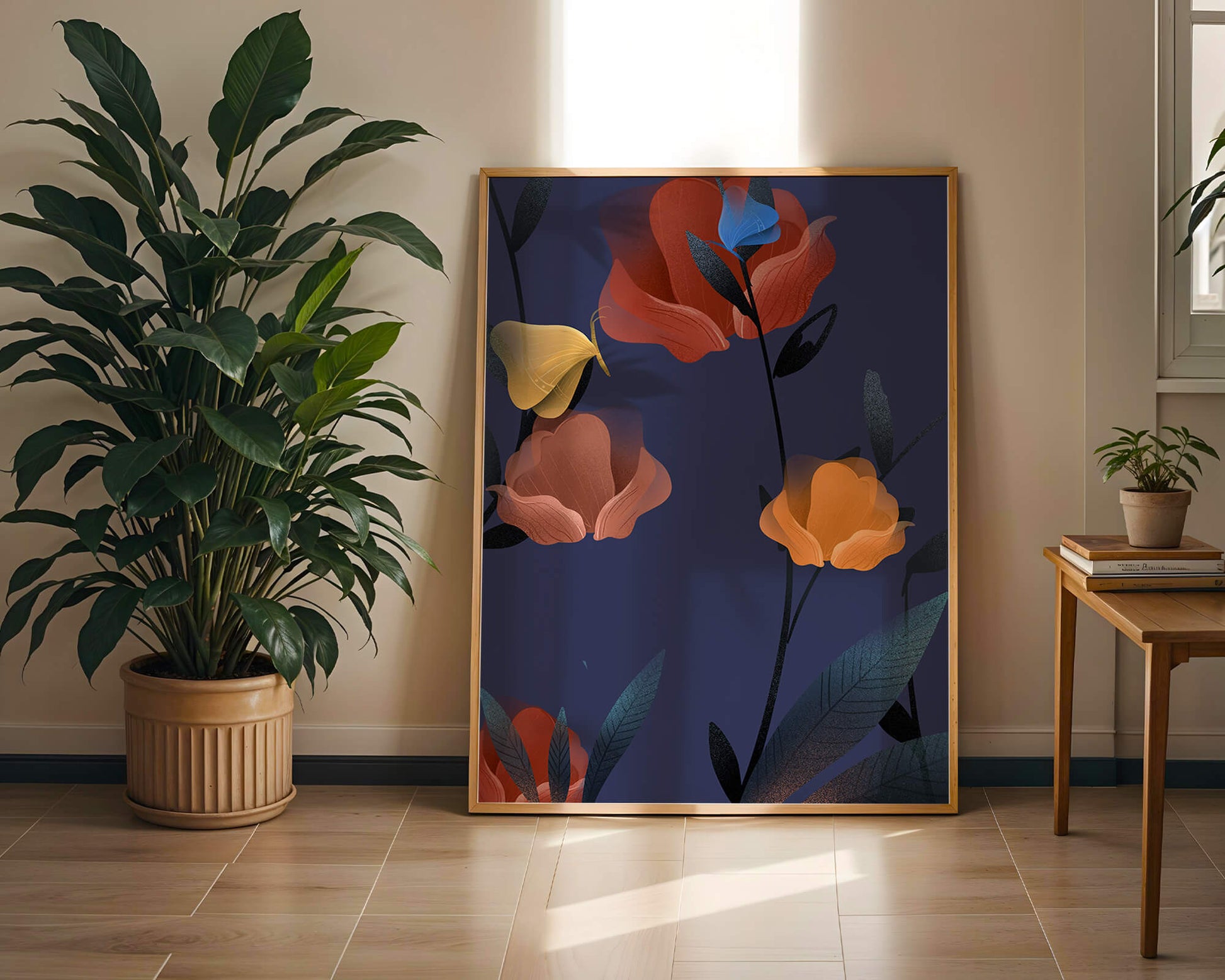 Abstract Floral Illustration with Colorful Flowers on Dark Background