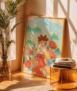 Traditional Asian Art with Woman in Hanfu Surrounded by Mountains and Peonies