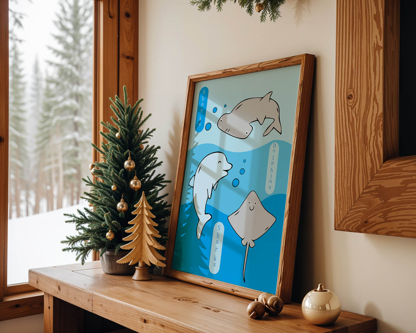 Cartoon sea animals illustration with shark, dolphin, and stingray