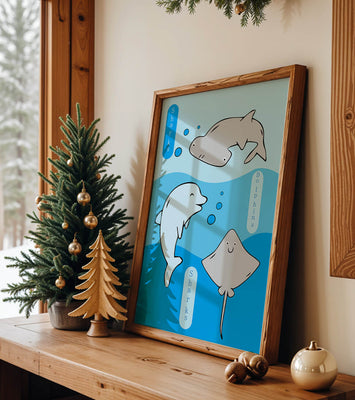 Cartoon sea animals illustration with shark, dolphin, and stingray