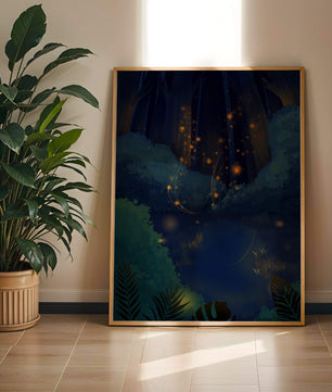 Enchanted night forest with glowing fireflies and dense foliage