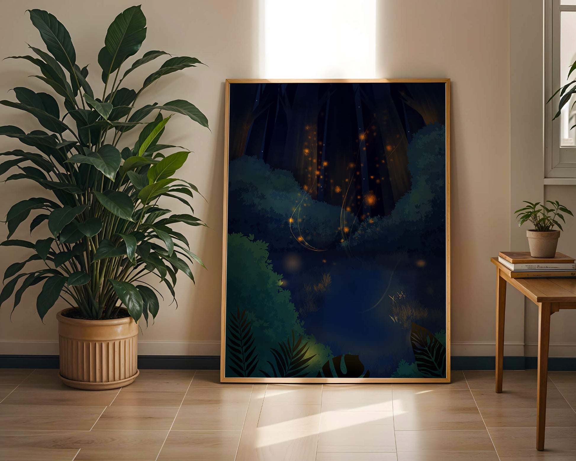 Enchanted night forest with glowing fireflies and dense foliage