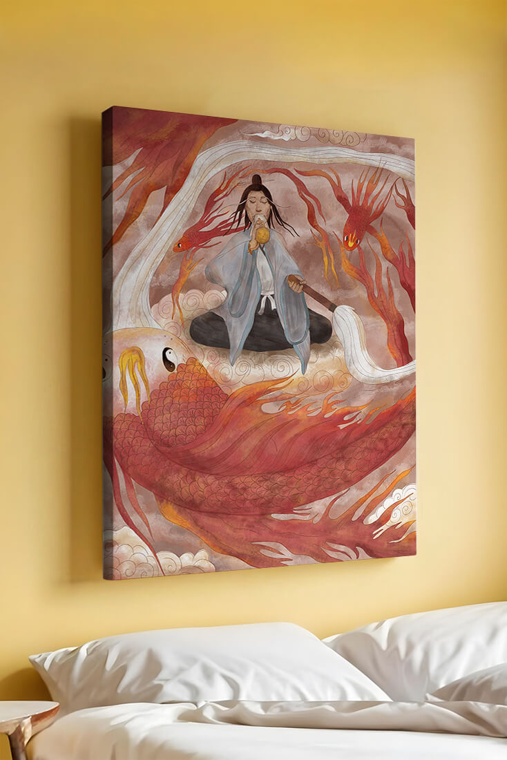 Serene meditation with mystical elements and mythical creatures