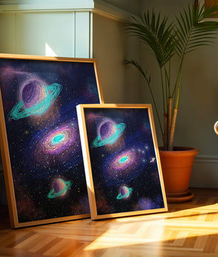 Colorful space illustration with planets and galaxy