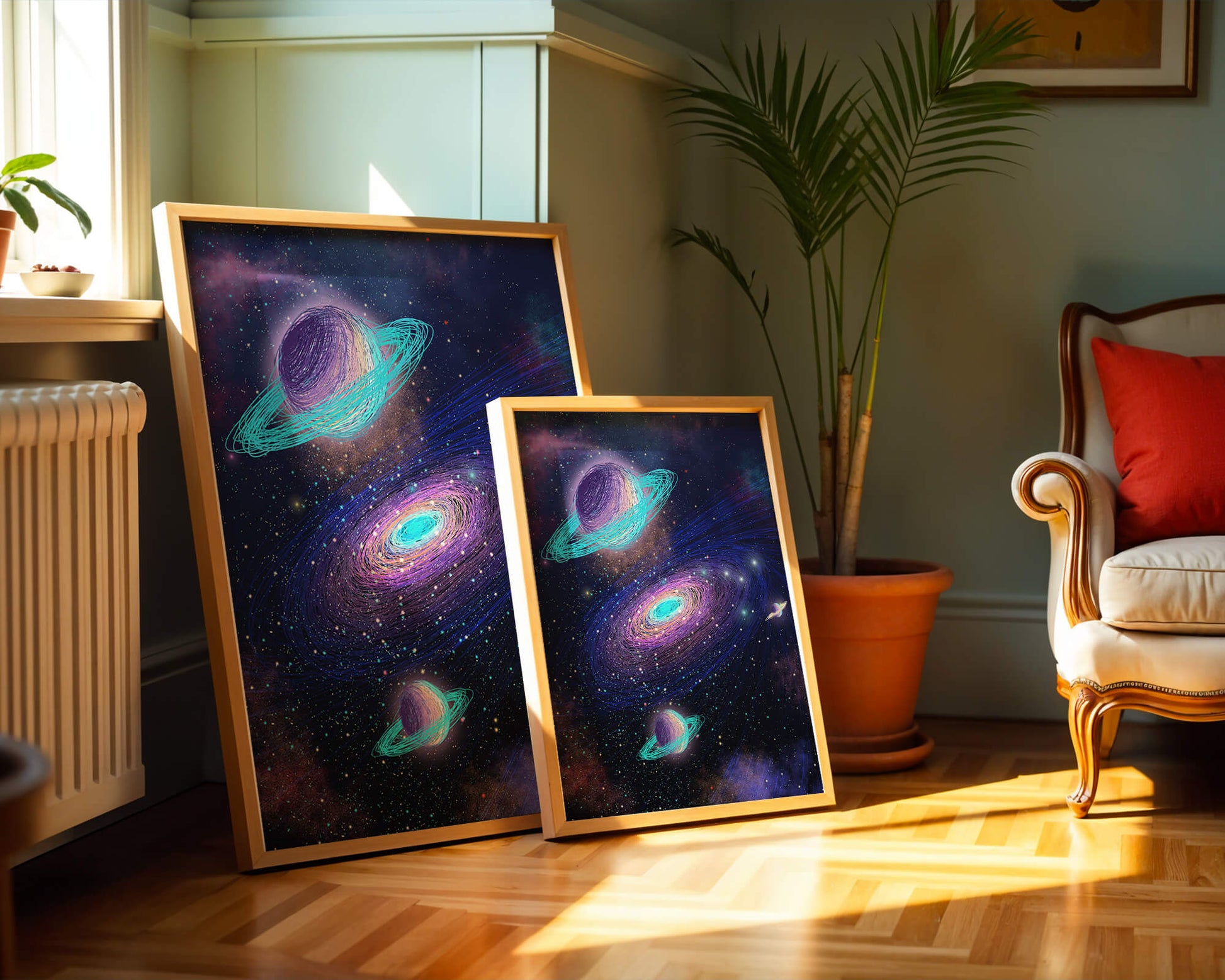 Colorful space illustration with planets and galaxy