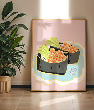 Illustration of sushi rolls with fish roe and avocado on a pastel background