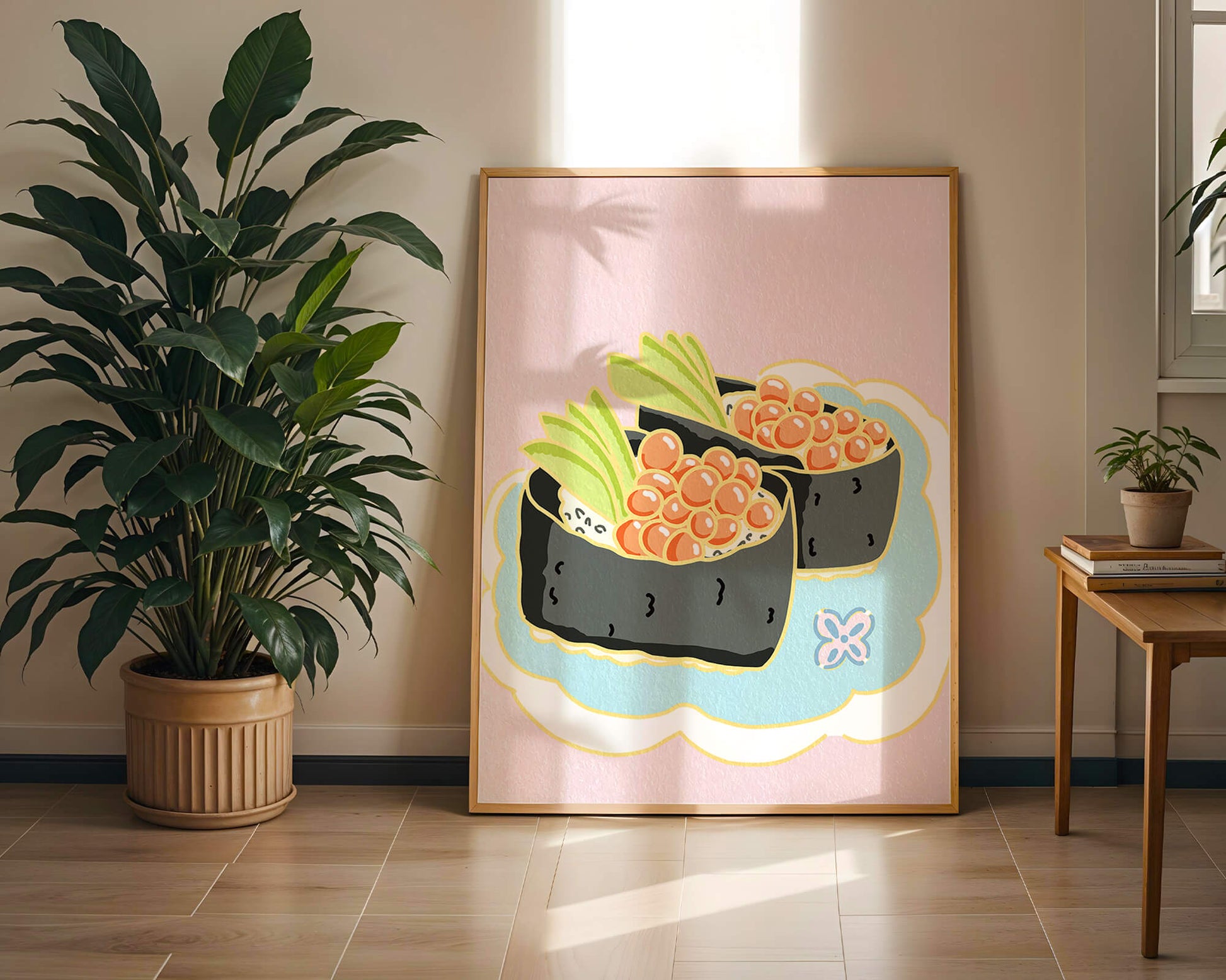 Illustration of sushi rolls with fish roe and avocado on a pastel background
