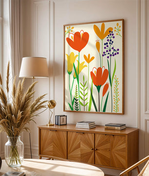 Bright Floral Illustration with Orange, Yellow, and Purple Flowers in Bold Colors