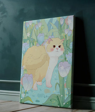 Charmante illustration d’un chat dans un jardin luxuriant de tulipes