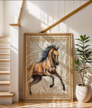 Elegant horse illustration with ornate golden frame