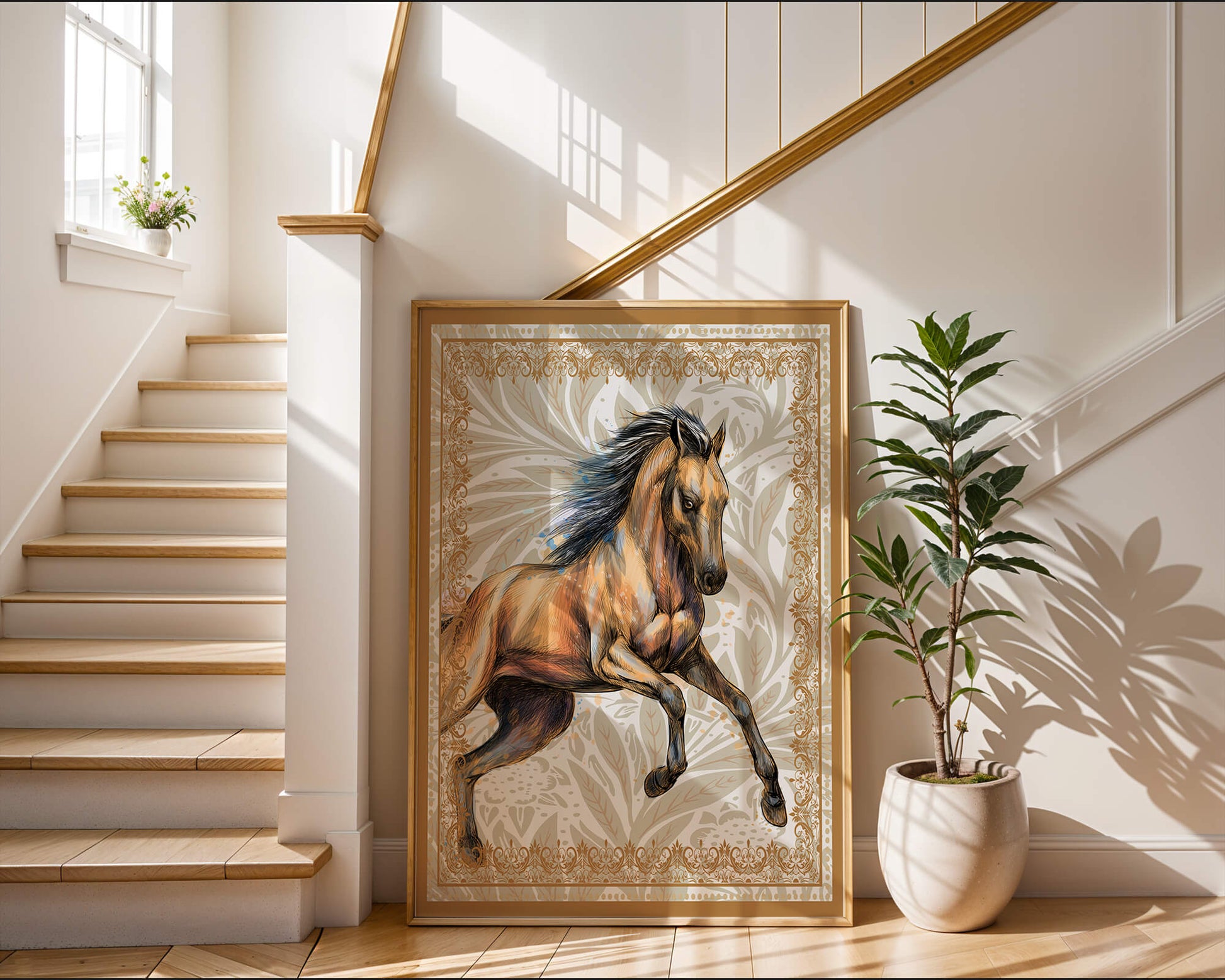 Elegant horse illustration with ornate golden frame
