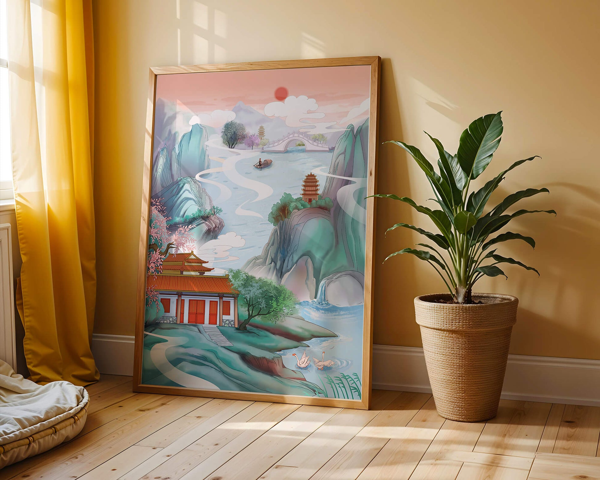 Serene landscape with traditional Asian architecture and nature elements