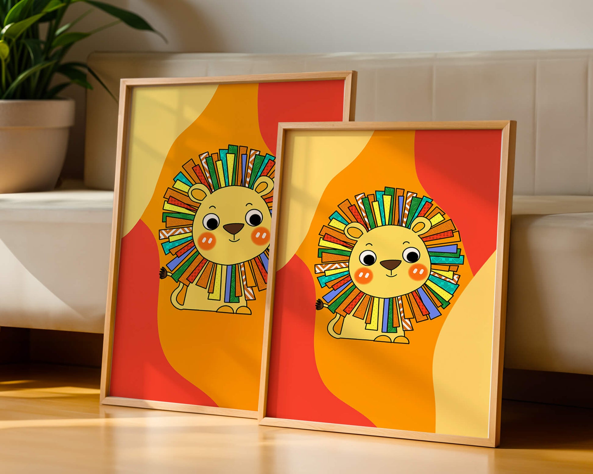 Colorful cartoon lion illustration with vibrant mane on abstract background