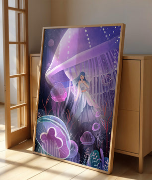 Underwater Fantasy Scene with Jellyfish and Girl