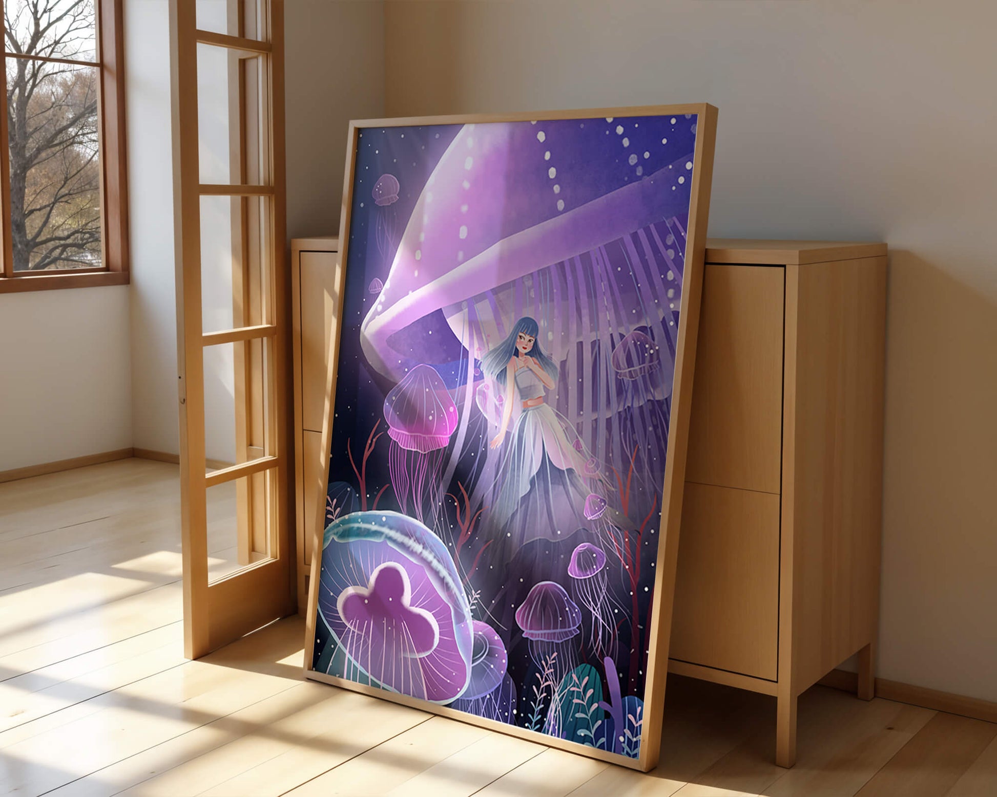Underwater Fantasy Scene with Jellyfish and Girl