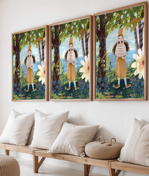 Whimsical Illustration of a Girl in Nature with Golden Hat