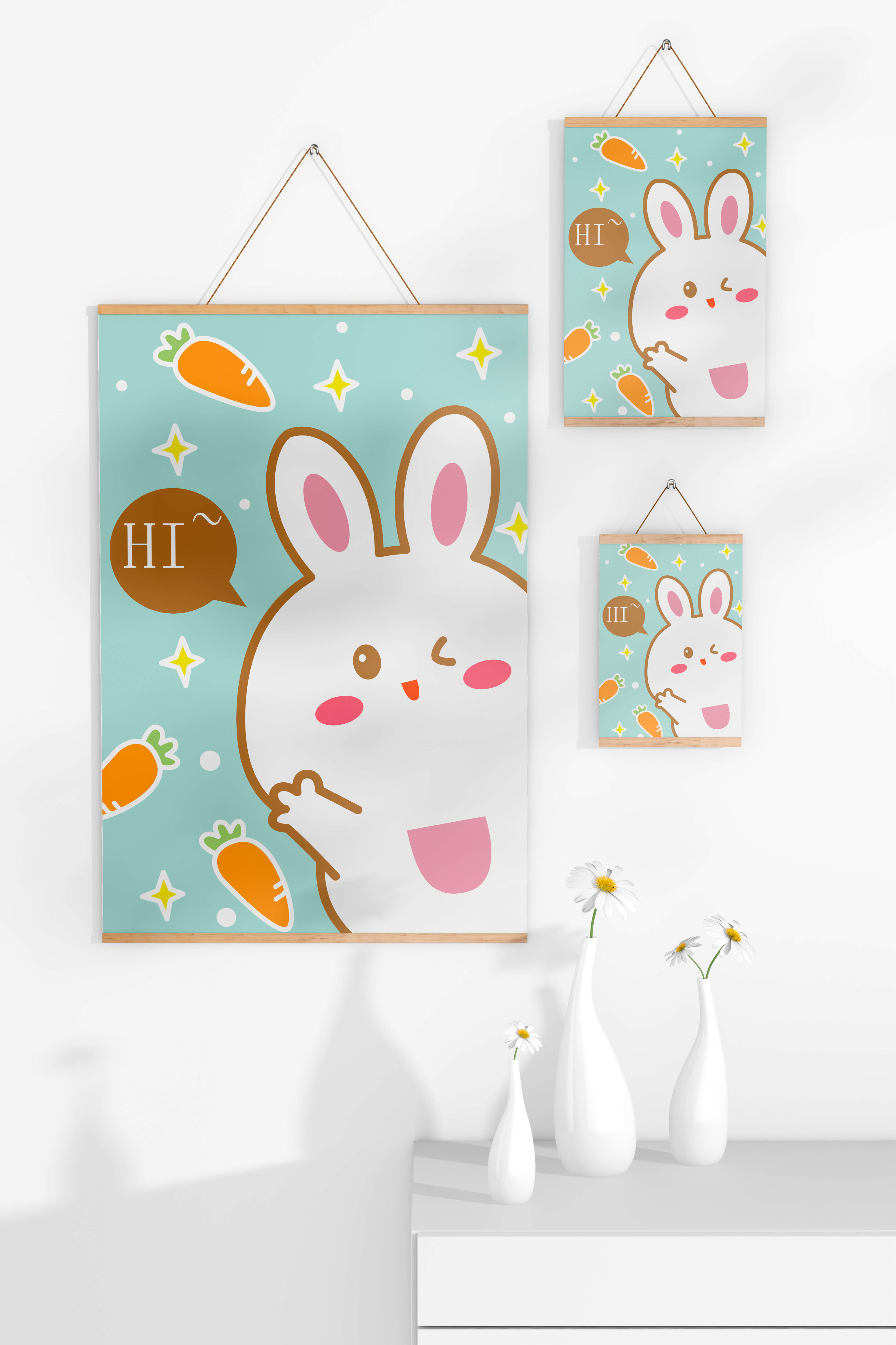 Playful cartoon bunny with carrots and stars on teal background
