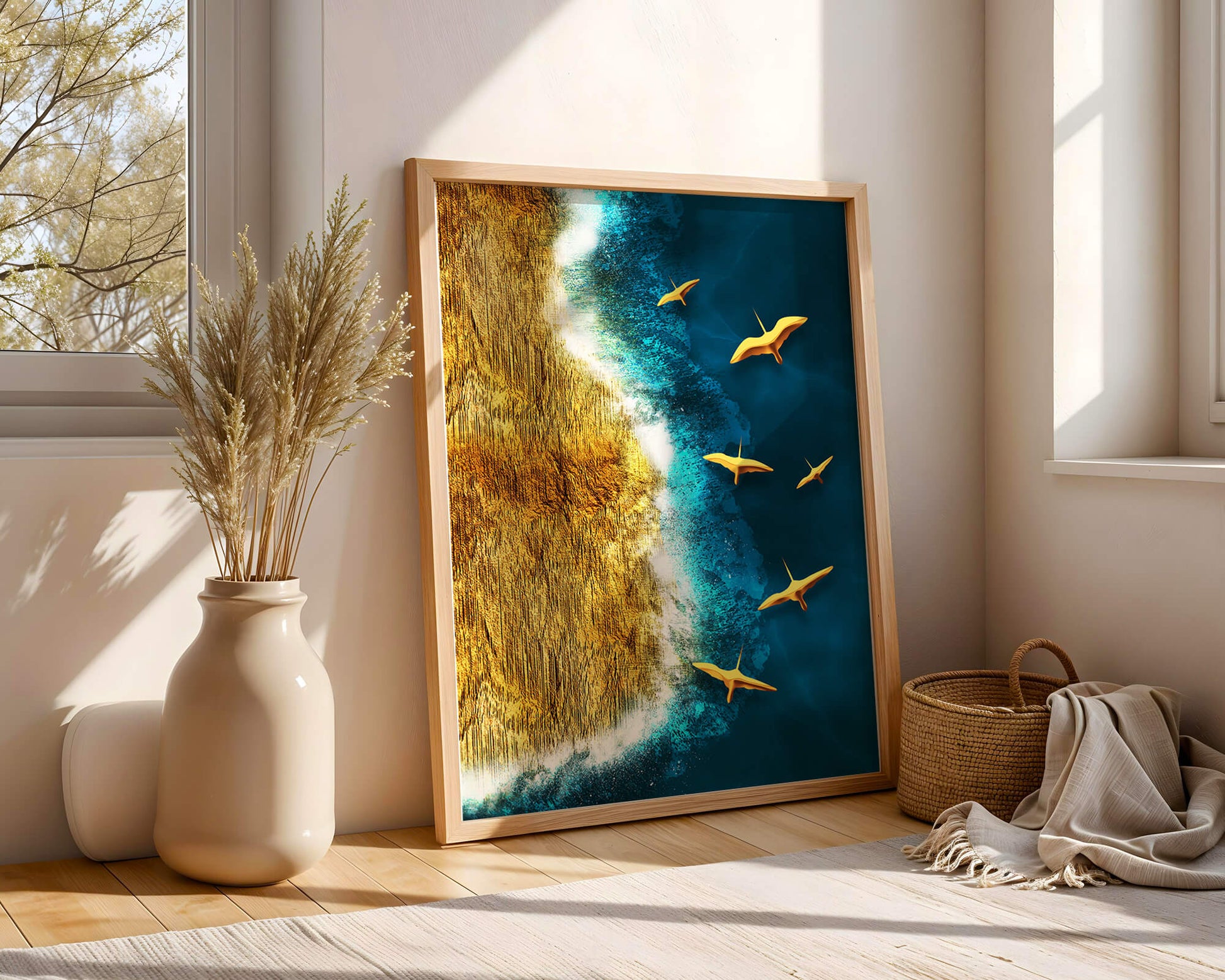 Golden beach landscape with vibrant ocean and flying seabirds