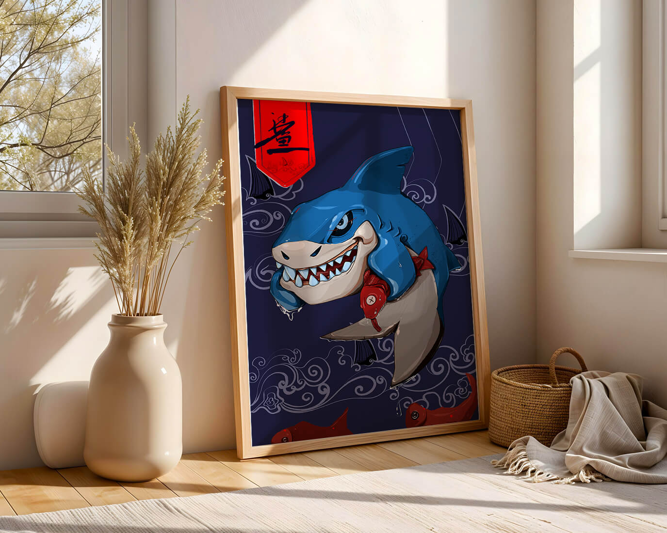 Playful illustration of a cartoon shark with nautical elements