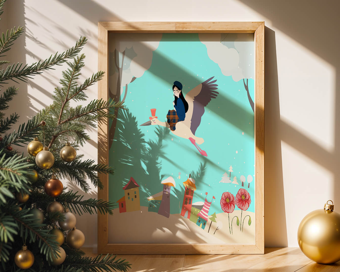 Wunderliche Winterlandschaft mit einem Mädchen auf einem Storch über einem bunten Dorf