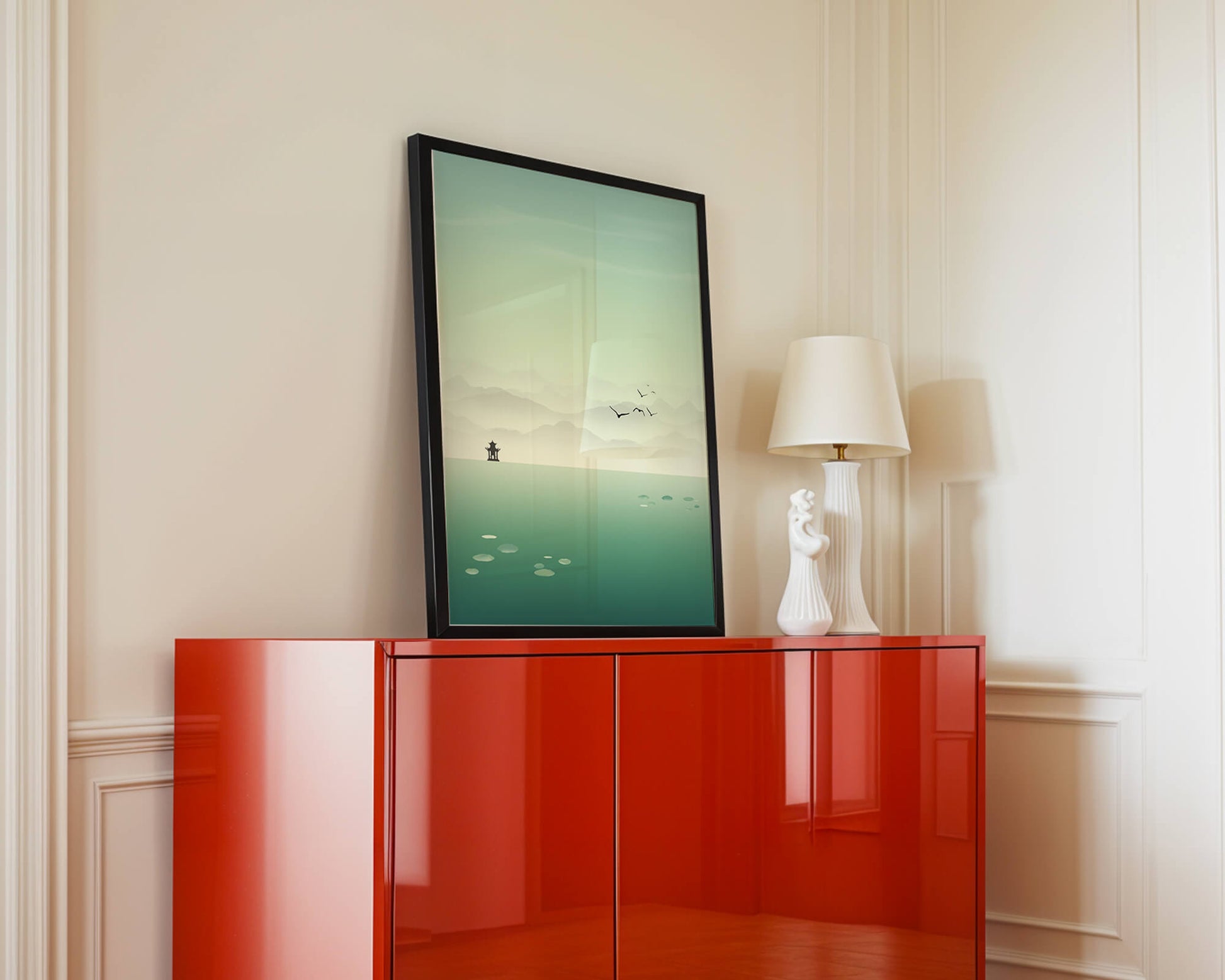 Serene landscape with pagoda and birds over a misty lake