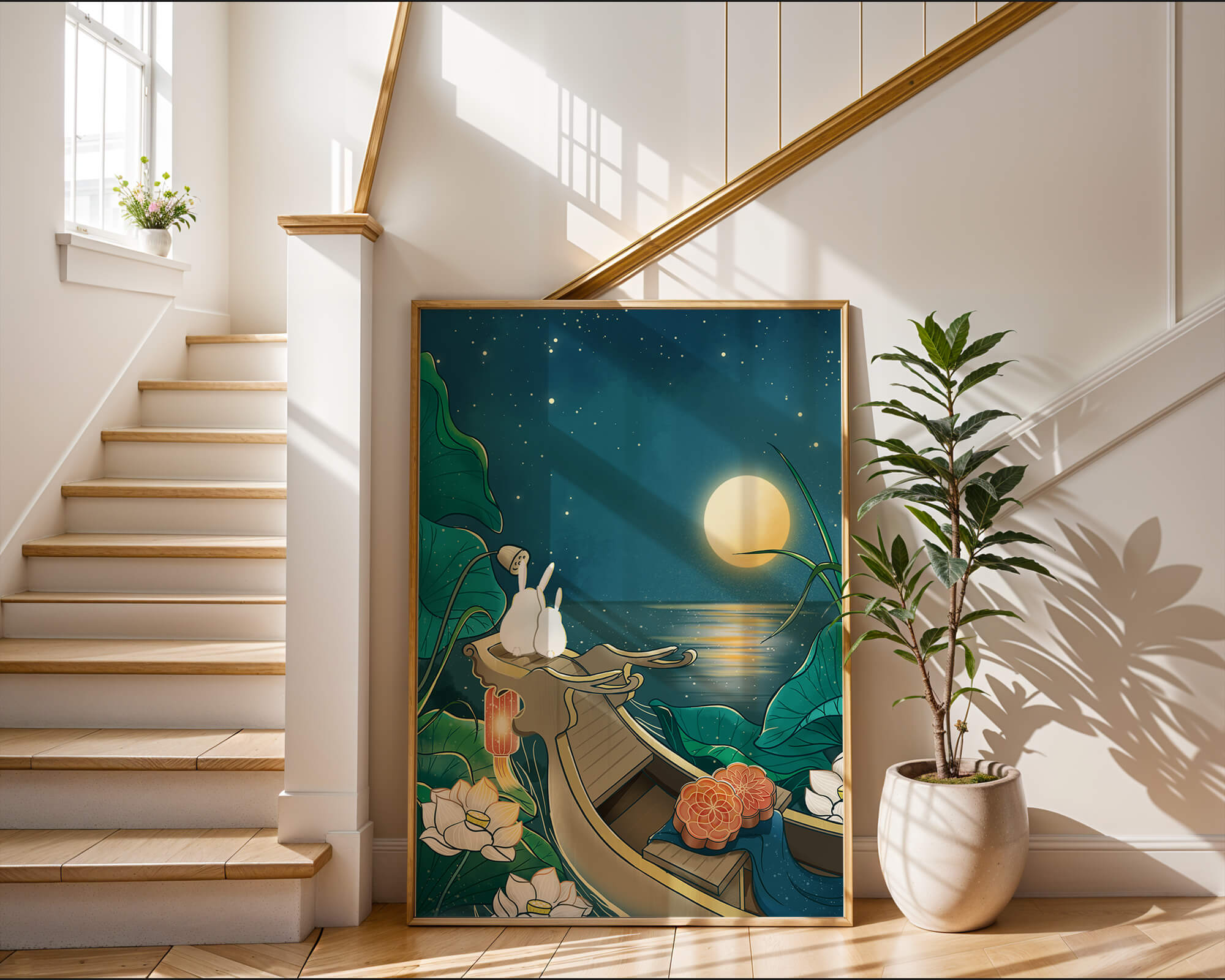 Serene illustration of rabbits gazing at a bright moon on a tranquil lake
